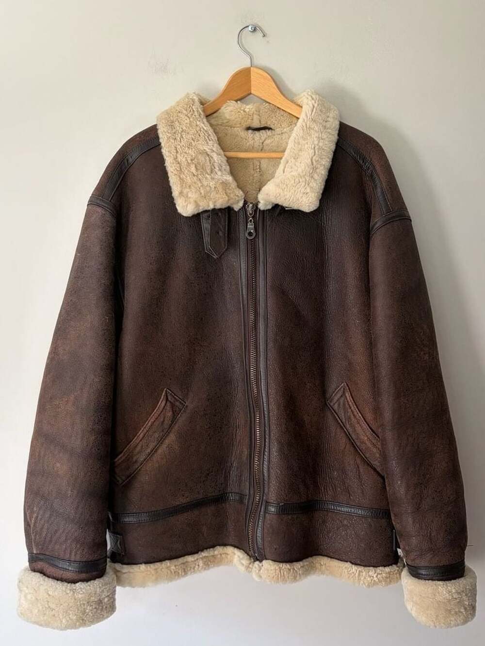 Vintage B-3 Bomber Jacket Brown Shearling Leather Pilot XL